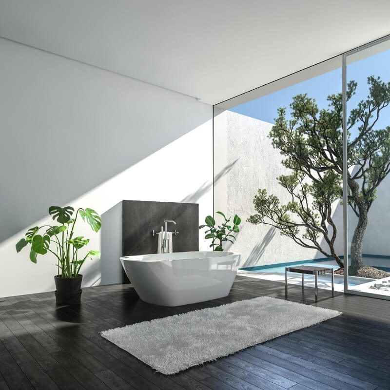 luxury bathroom glass wall garden