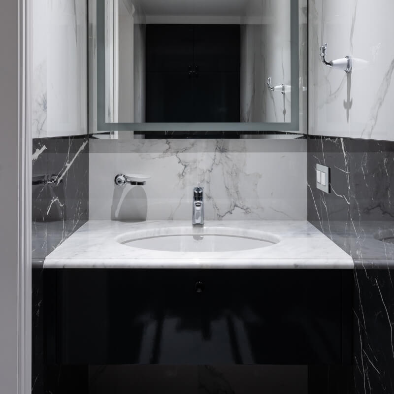 black & white marble modern half bathroom designs