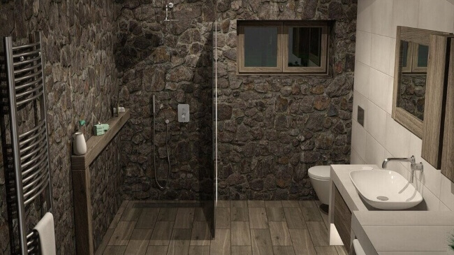 Bathroom renovations in Inner West Sydney showcasing a natural stone wall design and open shower