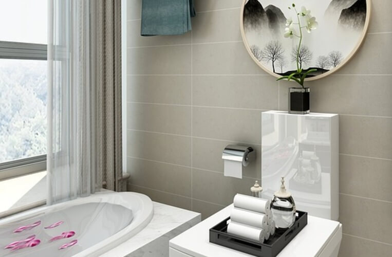Compact and serene small bathroom renovations in Hornsby by Quality Bathroom Renos with a decorative tray on the toilet and minimalist styling.